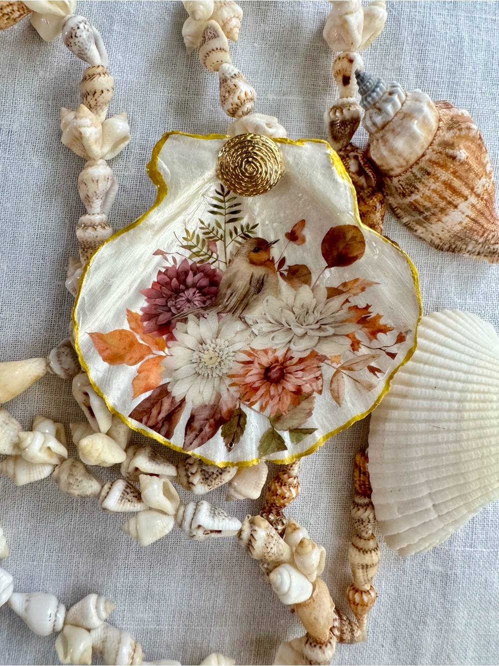 Hand made Shell Magnet or Trinket dish with Bird & Floral Motif 3”